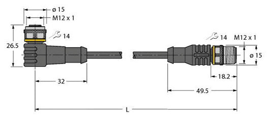 TURC WKC4T-0,3-RSC4T/TXL Sensorltg. PUR 3adrig 0,3M M12 BU gew.-M12 ST ger 4pol