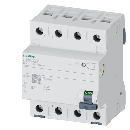 SIEM 5SV3344-6KK60 FI-Schutzschalter, 4-polig, Typ A, In: 40 A, 30 mA, 6mA DC, U