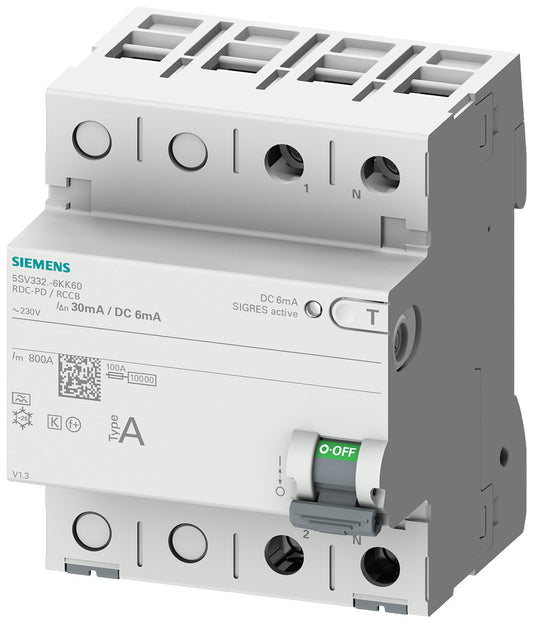SIEM 5SV3322-6KK60 FI-Schutzschalter, 2-polig, Typ A, In: 25 A, 30 mA, 6mA DC, U