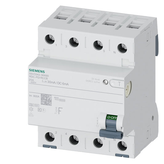 SIEM 5SV3342-3KK60 FI-Schutzschalter, 4-polig, Typ F, In: 25 A, 30 mA, 6mA DC, U