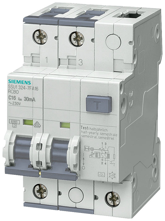 SIEM 5SU1324-6KX40 FI/LS-Schalter, 10 kA, 2P, Typ A, 30 mA, B-Char, In: 40 A, Un