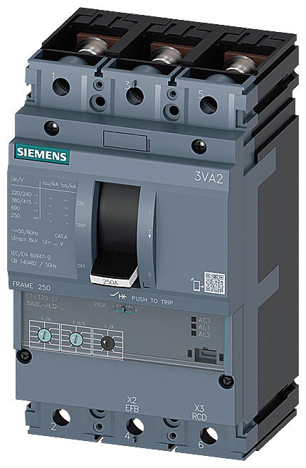 SIEM 3VA2225-8HL32-0AA0 Leistungsschalter 3VA2 ICU=150kA, LI, IN=250A IR=100A-25